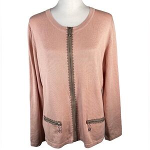 Lagar's Tricot Peach Coral Crewneck Full Zip Up Long Sleeve Cardigan Sweater 50